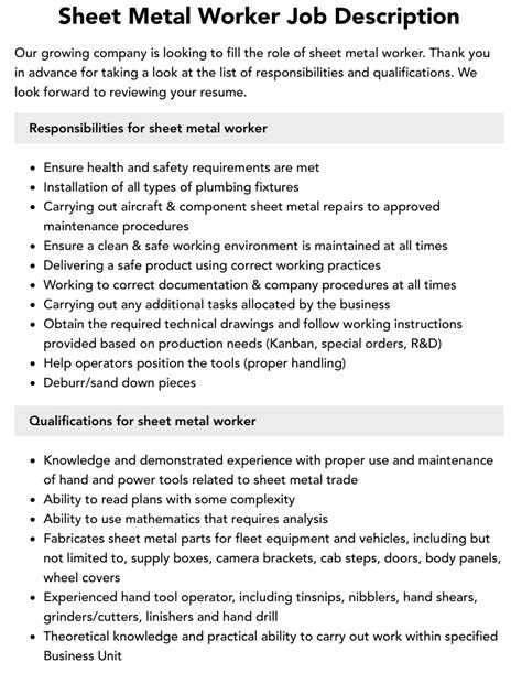 sheet metal supervisor job description|sheet metal worker skills.